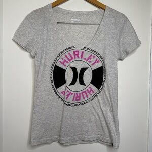 Hurley Lightweight V Neck Cotton T Shirt Women’s Size Small Light Gray Pink